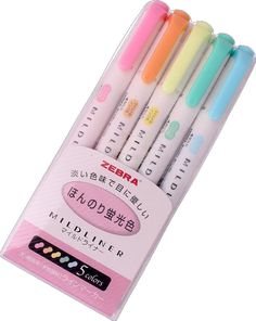 four different colored pens are in a display box on a white background with japanese writing