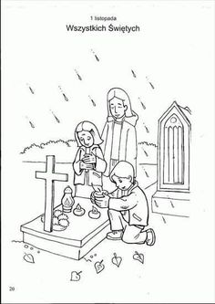 a black and white drawing of three children kneeling at a grave with the words, wysykskih swietych