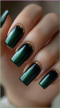 Dive into autumn with Forest Green nails accented by elegant gold details. This sophisticated combo adds a touch of luxury and style to your fall look. Click to explore more stunning fall nail ideas and follow us for daily nail inspiration!

#FallNails #ForestGreen #GoldAccents #NailArt #AutumnStyle Green With Gold Tip Nails, Fall Nails Emerald Green, Gold Nails With Green Accent, Nail Art Green And Gold, Green Gold Nail Designs, Green Nail Inspo Square, Dark Green And Gold Nails Designs, Fall Nails Green And Gold, Green Nails With Gold Tips