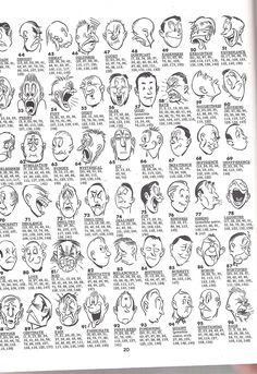 an old cartoon character's face chart with various facial expressions and head shapes, from the