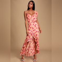 Nwt - Size Medium 55.5" Shoulder To Hem (Back) 34" Shoulder To Hem (Front) 27" Lining 100% Polyester Lulus Exclusive! Live Your Best Life In The Lulus Bloom Forever Coral Orange Floral Print Ruffled High-Low Dress! Light And Gauzy Woven Fabric, Covered In A Cheery Fuchsia Floral Print, Sweeps From Adjustable Spaghetti Straps Into An Asymmetrical Ruffled Bodice And A Straight-Cut Silhouette. A High-Low Skirt Is Formed By A Flouncy Drop Seam For A Stunning Finish! High Low Skirt, Coral Orange, Lulu Dresses, Floor Length, High & Low, High Low Dress, Pink And Orange, Spaghetti Strap, Coral