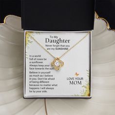 Imagine the joy on her face as she receives this beautiful Love Knot Necklace – a symbol of the unbreakable bond between two souls. This stunning piece is adorned with premium cubic zirconia crystals, making it the perfect gift for a bonus daughter or stepdaughter. Whether for a birthday, holiday, or special occasion, surprise her with this meaningful necklace today! Material Options: 14k white gold over stainless steel or 18k yellow gold over stainless steel Stone: 6mm round-cut cubic zirconia Diamond Necklace With Hallmark For Gift, Birthstone Jewelry With Cubic Zirconia For Gifts, Birthstone Cubic Zirconia Jewelry For Gifts, Cubic Zirconia Birthstone Jewelry Gift, Personalized Diamond Jewelry For Birthday Gift, Mother's Day Cubic Zirconia Birthstone Jewelry, Gold Jewelry Birthday Gift With Gift Box, Cubic Zirconia Jewelry For Birthday And Mother's Day, Cubic Zirconia Jewelry Gift For Mom