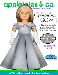 the doll is wearing a gray dress and white gloves with her hands on her hips