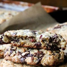 chocolate chip cookies stacked on top of each other