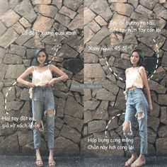 two women standing next to each other in front of a stone wall and wearing ripped jeans