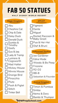 an orange and white checklist with the words fab 50 states on it, which includes