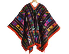 "Unique Peruvian Poncho forms intricate geometric patterns in natural colors. This traditional-style unisex poncho from Peru. It features stunning, intricately woven designs that date back to before the Inca empire, showcasing the skill of the weaver, which is passed down from generation to generation. Poncho unique, there is no other like it. Handmade on a loom. Traditional poncho from Ayacucho, Peru. Size: 65\" L x 58\" W - (165 x 145 cm)" Artisan Multicolor Poncho One Size, Artisan Multicolor One Size Poncho, Multicolor Shawl Poncho For Festival, Traditional Festival Poncho With Woven Motifs, Traditional Handwoven Poncho, Artisan Handwoven Multicolor Poncho, Traditional Winter Poncho, Traditional Handmade Winter Cape, Traditional Black Festival Cape