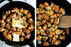 two pictures showing how to cook chicken and cheese in a skillet