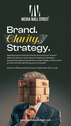 an advertisement for media wall street featuring a man in a suit and tie with blocks on his head