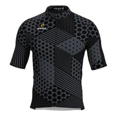 a black and white shirt with dots on the front, it has a yellow star in the center