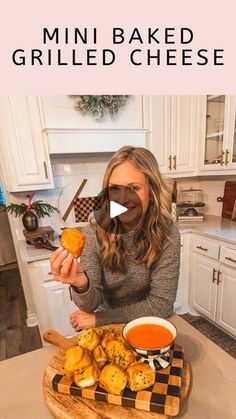 a woman is making baked food on a wooden board in the kitchen with text overlay that reads, mini - baked grilled cheese