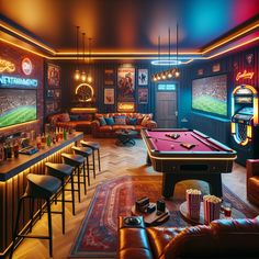 Experience ultimate leisure in a vibrant man cave, complete with neon lights, gaming gear, vintage jukebox, mini home theatre and a well-stocked bar. Game nights, sports and movies shine in this fun-filled sanctuary. #ManCave #HomeTheater #GamingRoom #SportsBar #EntertainmentRoom #GameNight Arcade Room In House Modern, Gentlemens Club Decor Man Caves, Fun Game Room Ideas Basements, Fun Entertainment Room, Retro Man Cave Ideas, Games Room Ideas Family, Sports Bar Furniture, Pool Room Ideas Interior Design, Game Room With Ping Pong Table