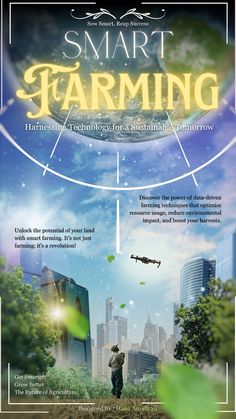 the cover to smart farming, with an image of a man standing in front of a city