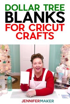 a woman sitting at a table in front of a christmas tree with the words dollar tree blanks for cricut crafts