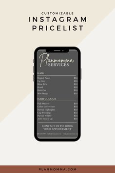 the instagramm price list for an instagramm store is displayed on a phone