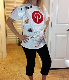 a woman standing in front of a door wearing a t - shirt with pin icons on it