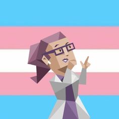 an animated woman with glasses making the peace sign in front of a pink and blue striped background