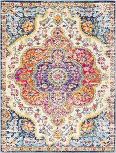 a colorful rug with an ornate design on the center and bottom corner, in blue, red