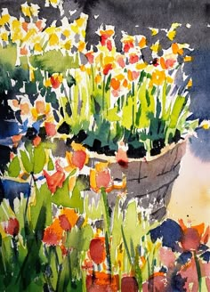 a watercolor painting of flowers in a pot