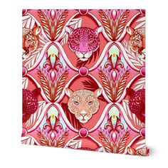 a pink and red wallpaper with an animal head on it's face, surrounded by leaves