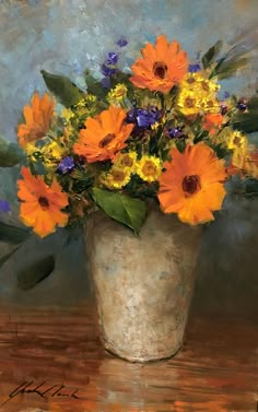 a painting of orange and yellow flowers in a vase