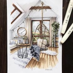 a drawing of a bedroom with a hammock hanging from the ceiling