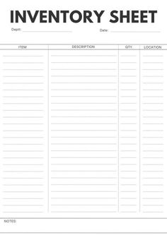 a printable inventory sheet with the words in black and white, on top of it