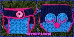 two crocheted purses with flip flops and buttons on the handles, one in blue and pink