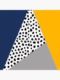 an abstract painting with black and white dots on yellow, blue, and gray background