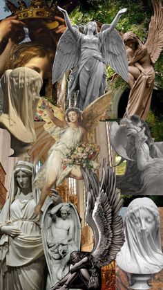 the collage shows many different statues and angels in various colors, sizes and shapes