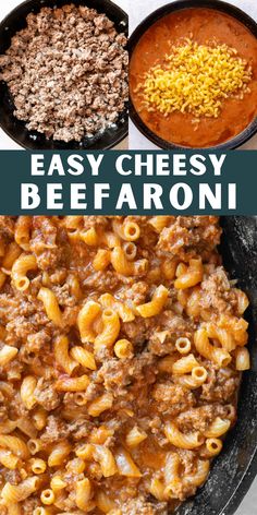 three different types of macaroni and cheese in bowls with the words easy cheesy beef befraoni