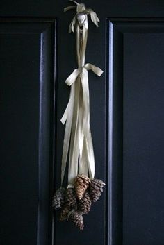 two pine cones are hanging on the front door with ribbons attached to it and tied together