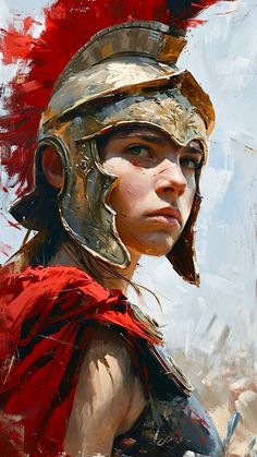 a painting of a woman wearing a helmet with feathers on her head and red hair