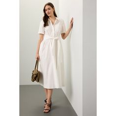 White (100% Cotton). Casual dress. Collared neck. Short sleeve. Front button closure. 48" from shoulder to hemline. Imported. Fitted Button-up Midi Dress With Tie Waist, Chic Viscose Button-up Midi Dress, White Midi-length Shirt Dress With Buttons, White Cotton Button-up Midi Dress, White V-neck Midi Dress With Button Closure, Rent The Runway, Closet Designs, Timeless Elegance, Casual Dress