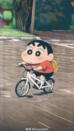 a cartoon boy riding a bike down a street with trees in the backgroud