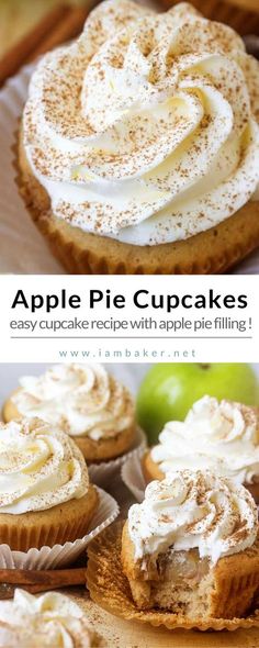 Looking for simple and easy dessert recipes for Thanksgiving? These Apple Pie Cupcakes are perfectly spiced cupcake stuffed with apple pie filling and topped with a light whipped topping. | I am Baker For more quick and easy dessert recipes to make, check us out at #iambaker. #desserts #sweettooth #applepie Cupcakes Recipes Easy, Dessert Recipes For Thanksgiving, Stuffed Cupcakes, Cupcakes Simple, Simple Pie, Apple Pie Cupcakes, Apple Cupcakes, Pie Fillings, Thanksgiving Desserts Easy