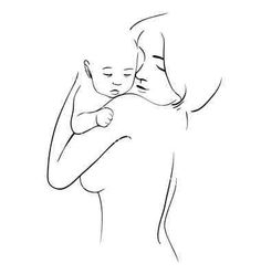 a black and white drawing of a woman holding a baby in her arms, with one hand on the shoulder