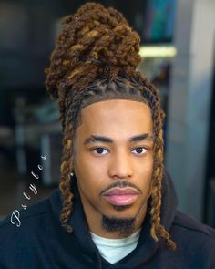 Men Locs Hairstyles Black Man Wedding, Men Loc Styles For Wedding, Loc Styles Men Long, Loc Hairstyles Men Long, Men Updo Hairstyles, Dread Hairstyles For Men Color, Men Updo Loc Styles, Loc Updo For Men, Locs Ponytail Styles Men