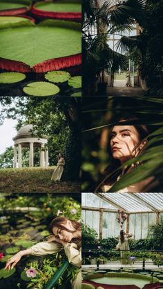 a collage of photos with flowers, plants and a woman in a white dress