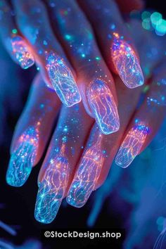 Neon nail art of jellyfishes | Patreon White Nails With Butterflies, Neon Nail Art Designs, Fish Nails, Neon Nail Art, Blue And White Nails, Neon Nail Designs, Glow Paint, Cherry Nails