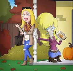 two cartoon characters standing in front of a house with pumpkins on the ground and one holding a cup