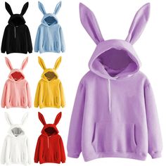 Description: Gender: Women Woman, Ladies Lady, Female Style: Women Solid Color Bunny Ears Hooded Casual Sweatshirt Hoodie Jumper Pullover Pattern Type: Solid Color, Bunny Ears  Color: White, Pink, Purple, Black, Yellow, Red, Light Blue (Optional) Size: S, M, L, XL, XXL (Follow the size chart to select please) Material: Polyester, Spandex Neckline: Hooded Sleeve Length: Long Sleeve Season: Autumn Fall, Winter Occasions: Casual, Traveling, Vacation, Working, Party, Everyday, Dates, Movies Package Tom Lucitor, Bunny Hoodie, Purple Bunny, Pullover Pattern, Queer Fashion, Hoodie Jumper, Female Style, Comfy Clothes, Winter Hoodies