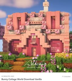 an animated image of a pink house with flowers on the front and windows above it