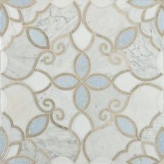 a white and blue wallpaper with an intricate design on the top half of it