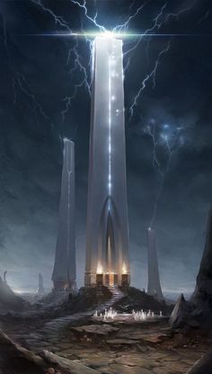 an image of a futuristic city with lightning coming out of it's towers and buildings