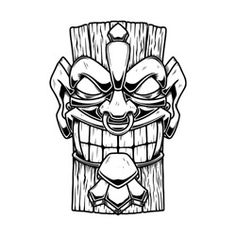 a tiki mask in black and white