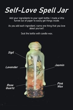 an image of a bottle that is labeled in the words self - love spell jar