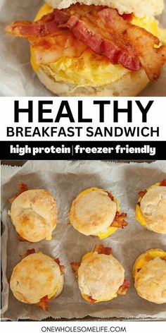 Healthy breakfast sandwiches on a baking sheet. Healthy Breakfast Sandwiches, Healthy High Protein Breakfast, Healthy Breakfast Sandwich, Breakfast Sandwich Recipes, Biscuit Sandwich, Breakfast Prep, Bacon And Eggs, Bacon Egg And Cheese, Freezer Breakfast