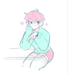 a drawing of a person with pink hair and glasses sitting on the ground next to a wall