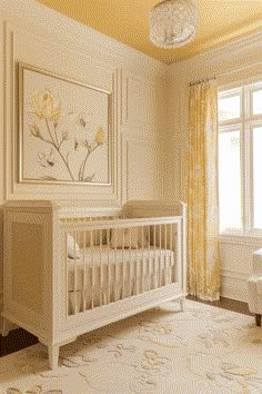 a white crib in a room with yellow curtains